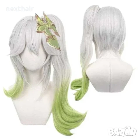 Аниме косплей бяла перука Nahida Genshin Impact с подвижна опашка и плитка, снимка 13 - Аксесоари за коса - 50332024