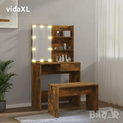 vidaXL Комплект тоалетка с LED, опушен дъб, инженерно дърво(SKU:311412）, снимка 3 - Тоалетки - 48819889