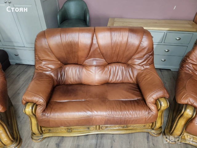Кафяв комплект дивани тройка,двойка и фотьойл от естествена кожа и дъб, снимка 8 - Дивани и мека мебел - 53754113