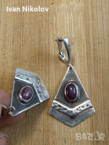 Дамски сребърни обеци с рубин ръчна изработка