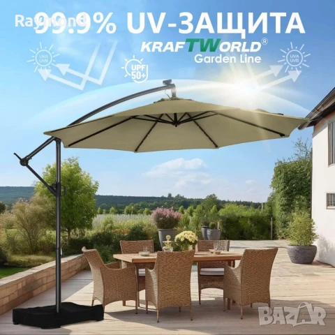 Градински Чадър с Регулируем Ъгъл и UV Защита – Ø300 см, 8 Ребра, снимка 9 - Градински мебели, декорация  - 51206123