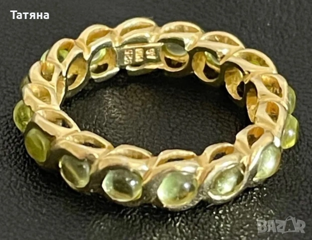 красив позлатен сребърен пръстен с вложки от оливин/перидот. сръбро 925, P.53
