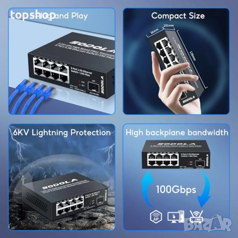SODOLA 8-портов 2.5Gb Мрежов Комутатор + 10G SFP+ порт  , снимка 6 - Мрежови адаптери - 53623048