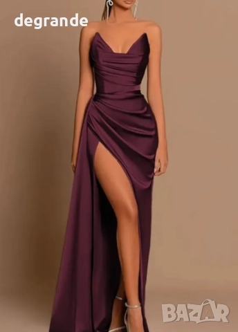 Дълга сатенена вечерна рокля цвят бургунди