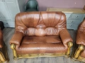 Кафяв комплект дивани тройка,двойка и фотьойл от естествена кожа и дъб, снимка 8