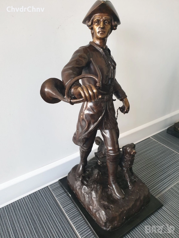 65см-12кг статуетка/стара английска бронзова скулптура/голяма фигура на ловец с куче, снимка 1
