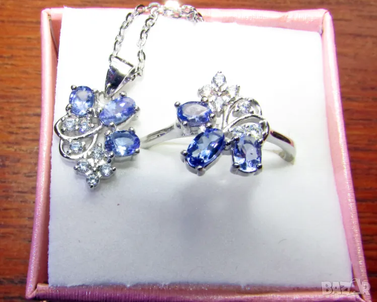 925 сребърен комплект с танзанити, подходящи за подарък, снимка 1