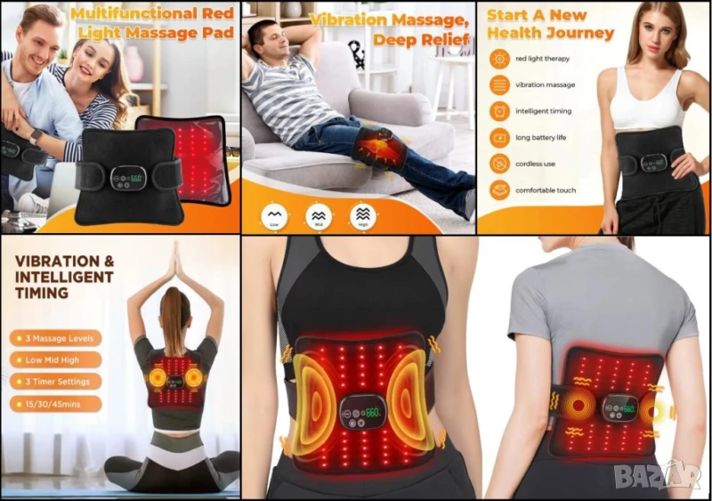 Безжичен LED Инфрачервен Масажор Червена Светлина Дълбоко Облекчаване Тяло Гръб Колене Стави Мускули, снимка 1