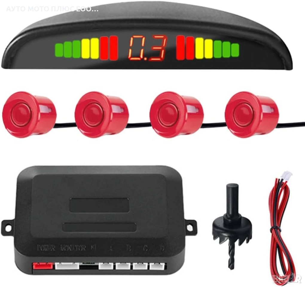 Парктроник с LED дисплей и звукова сигнализация с 4 сензора - Червен, снимка 1
