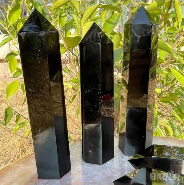 Вулканично Стъкло Пирамидален Обелиск Монокристал Полиран Черен Обсидиан Пазител Камък Закрилник, снимка 1