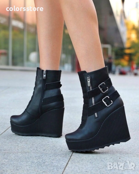 Боти на платформа - черна кожа и велур - B2001 , снимка 1