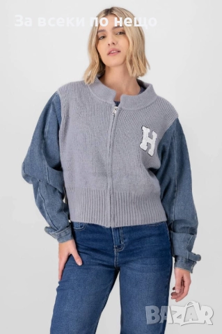 Дамски Италиански Плетен Пуловер С Деним - Налични Различни Цветове Код BS-83, снимка 6 - Блузи с дълъг ръкав и пуловери - 51871454