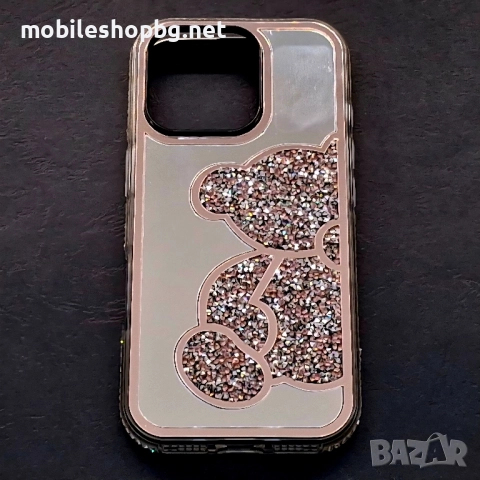 iPhone 16 Pro огледален кейс мече с камъчета розов , снимка 2 - Калъфи, кейсове - 52462015