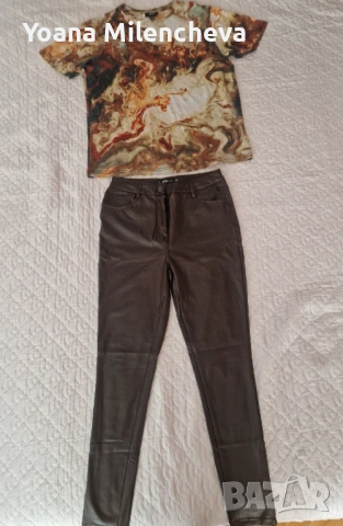 Тениска с арт принт + кафяви кожени skinny jeans комплект