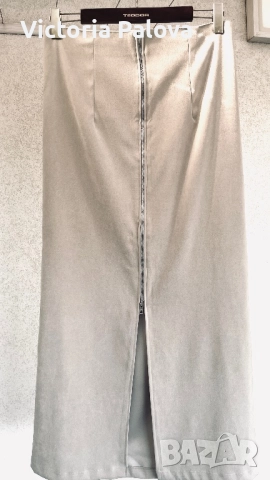 Стилна дълга бежова пола с цип отпред, снимка 5 - Поли - 52019500