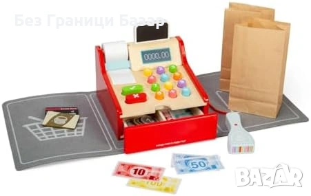 Нова играчка Дървен супермаркет комплект: каса, скенер, пари, карта и аксесоари, снимка 3 - Образователни игри - 53530279