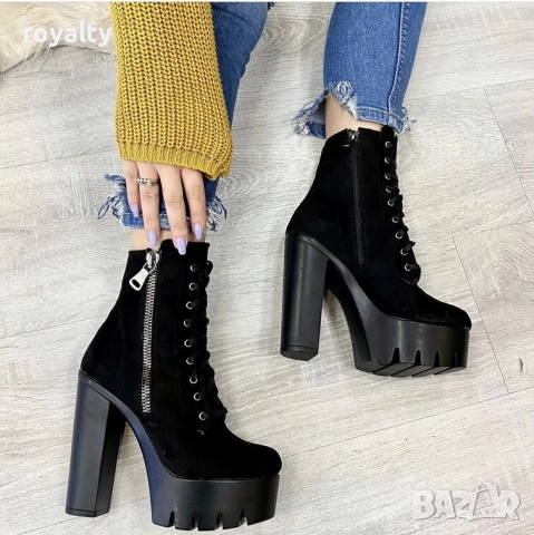 Боти на ток - черен велур с черно ходило, снимка 3 - Дамски боти - 52162405