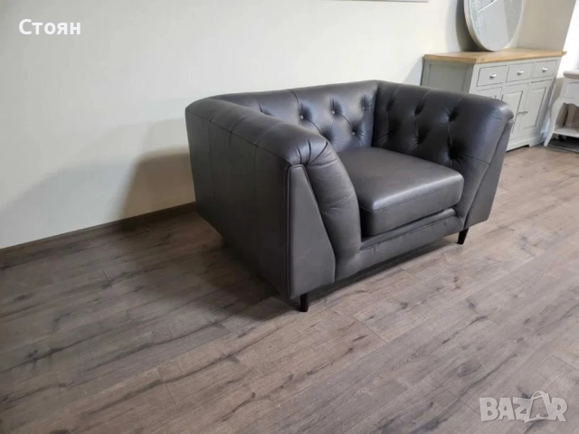 Кафяв кожен фотьойл тип Честърфийлд, снимка 2 - Дивани и мека мебел - 51955791