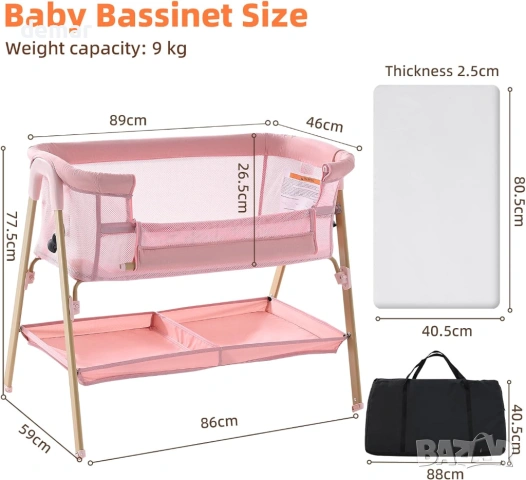 Бебешко креватче Next to Me, 3 в 1 с колелца, мрежа против комари и матрак, розово, снимка 6 - Бебешки легла и матраци - 53646956