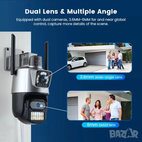 Двойна IP WiFi камера 6MP с 2 лещи, въртяща се, нощно виждане, ICSee, снимка 3 - IP камери - 54025524