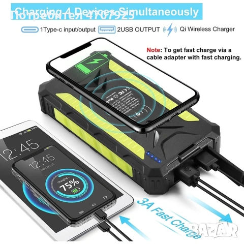 Външна батерия 36000 mAh, Solar Powerbank с Qi безжично зареждане, USB и USB C изход, със соларен па, снимка 2 - Безжични зарядни - 53387779