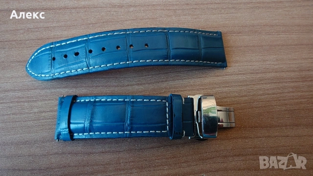 Синя кожена каишка за часовник 22 мм с разгъваща се закопчалка (Folding Clasp)., снимка 4 - Каишки за часовници - 54247163