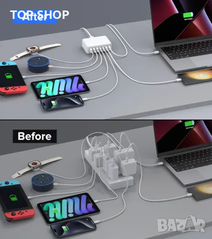 USB C 7-портов адаптер, бързо зарядно, 180 W за MacBook Pro/Air iPad Pro iPhone Galaxy S23 Note 20, снимка 8 - Оригинални зарядни - 49500133