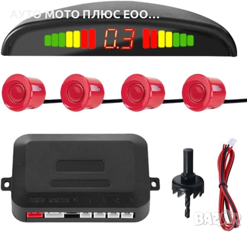 Парктроник с LED дисплей и звукова сигнализация с 4 сензора - Червен