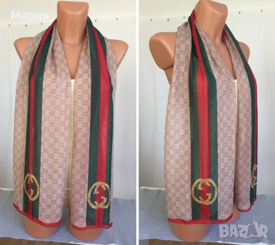 Нов Дамски Шал Gucci Прозрачен Лого Гучи Бежов Червен Зелен, снимка 12 - Шалове - 51826454