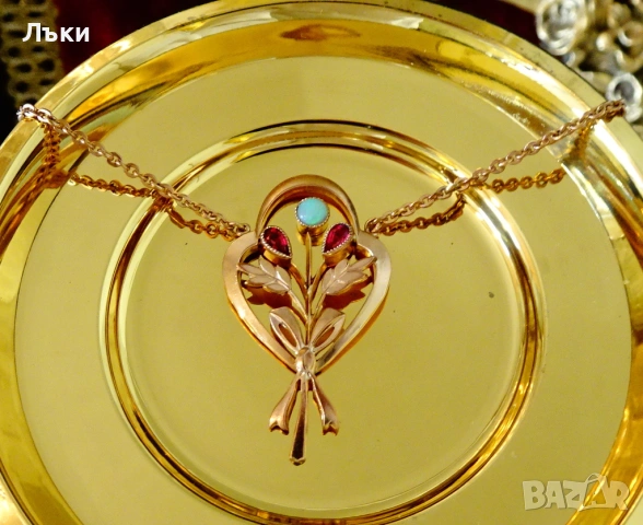 Колие с огнен опал,рубини,14 K позлата,дубле. , снимка 4 - Колиета, медальони, синджири - 53296592