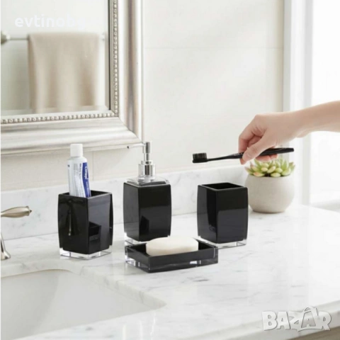 Комплект аксесоари за баня Cheffinger – 4 части, дозатор за сапун, чаша за четки и сапунерка, снимка 6 - Други стоки за дома - 53864443