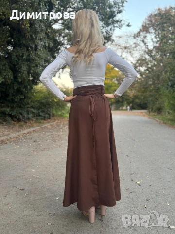 Нова дамска дълга кафява пола с две цепки и пакпи XS, S, M, снимка 3 - Поли - 53746438