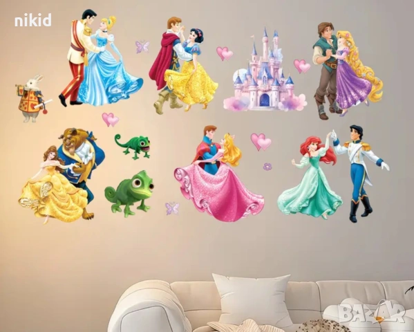 Дисни принцеси красавицата и звяра замък Рапунцел самозалепващ стикер лепенка за стена гардероб