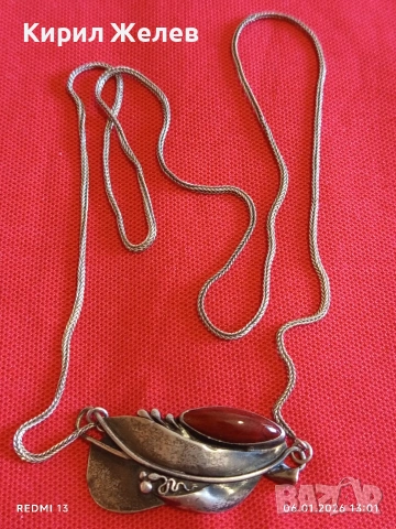 Сребърен ланец с висулка стилизирано листо с инкрустиран Червен Яспис ювелирна изработка 49486, снимка 8 - Колиета, медальони, синджири - 53005361