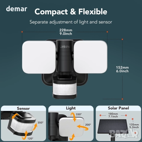 Соларна охранителна лампа Linkind,двойно захранване,сензор за движение, снимка 9 - Соларни лампи - 51718957