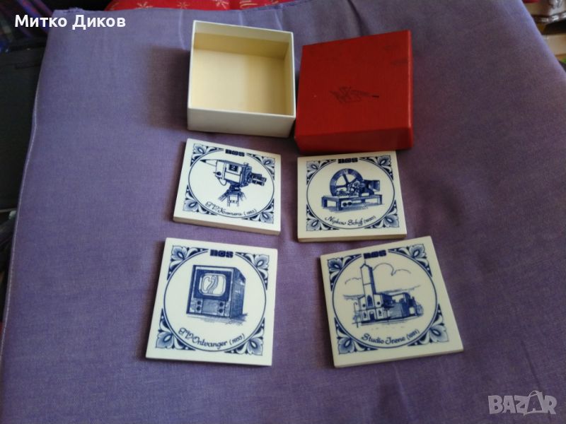 NOS coasters 75х75мм винтидж 4 броя в кутия нови подложки маркови порцелан и картон, снимка 1