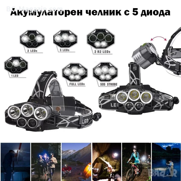 Професионален мощен LED фенер туристически челник за глава лов риболов планинарство преходи каска, снимка 1