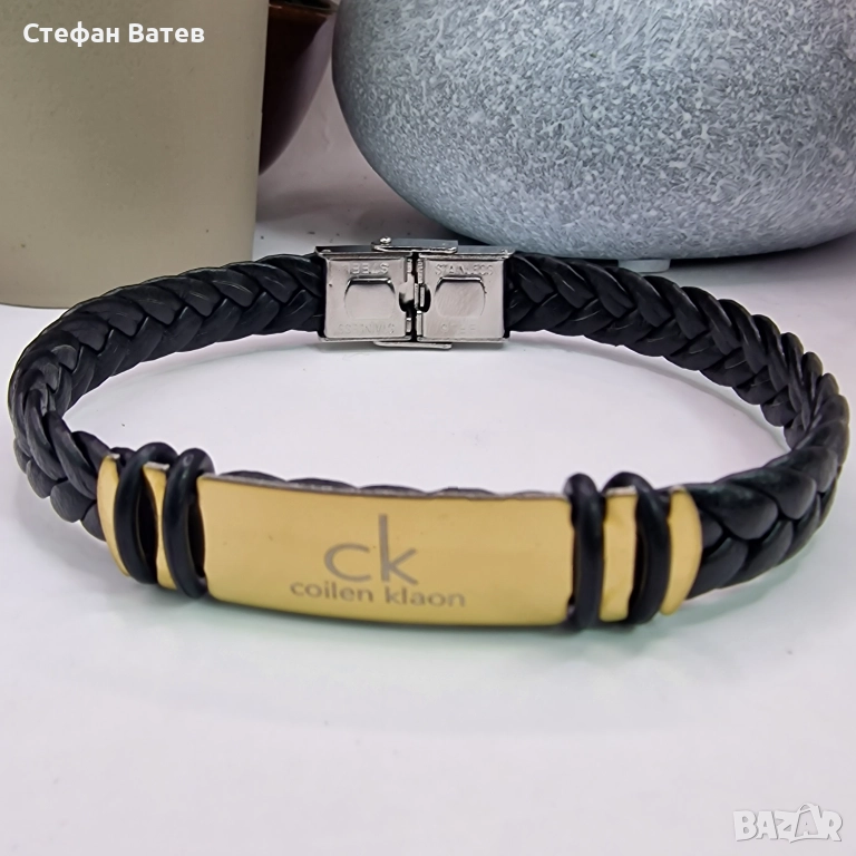 Мъжка кожена гривна „CK“ от медицинска стомана с 18 карата златно покритие, снимка 1