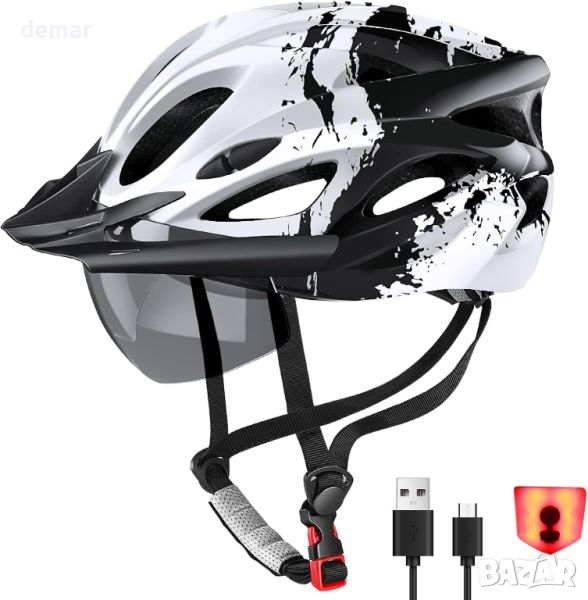 RaMokey Велосипедна каска с LED светлина, магнитни очила, сенник, регулируем размер 57-62 см, бяла, снимка 1