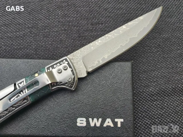 Сгъваем фосфоресциращ нож,дамаска стомана с гравирана дръжка SWAT, снимка 9 - Ножове - 49867746