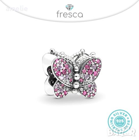 Талисман Fresca по модел тип Пандора Pandora сребро 925 Dazzling Pink Butterfly. Колекция Amélie, снимка 1 - Гривни - 30646665