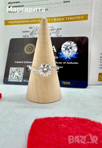 Сребърен пръстен с мойсанит (диамант) 1 карат, снимка 2 - Пръстени - 53205685