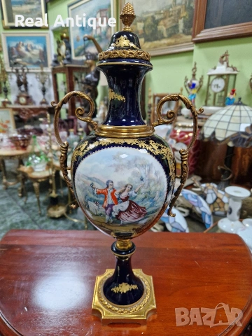 Уникална антикварна френска порцеланова амфора бронз син кобалт , снимка 3 - Декорация за дома - 53473197