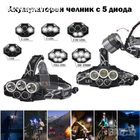 Професионален мощен LED фенер туристически челник за глава лов риболов планинарство преходи каска