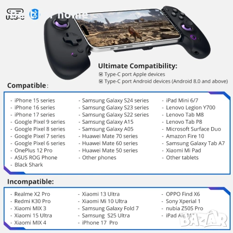 abxylute S9 геймърски контролер за iPhone 15/16/17, iPad Mini 6/7 Android таблет , снимка 4 - Аксесоари - 54173075