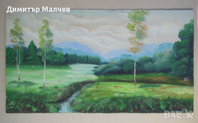 Стара картина пейзаж Григорий Лебский, масло на картон, в рамка 35/59 см, снимка 2 - Картини - 46319379