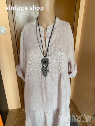 Ленена рокля в бледорозов цвят, размер L, снимка 7 - Рокли - 54080592