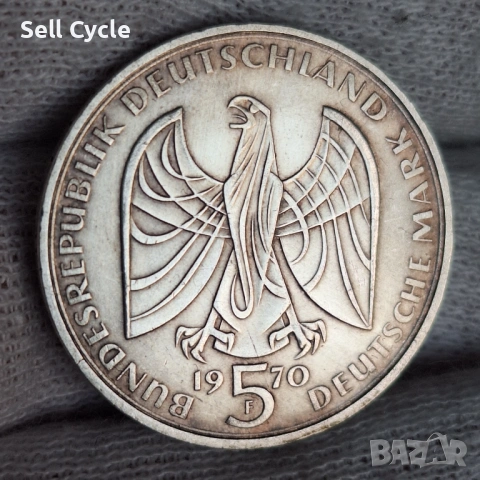 ✅ГЕРМАНИЯ-5 марки 1970 г.-200 г. Бетховен - СРЕБРО❗, снимка 2 - Нумизматика и бонистика - 53656970