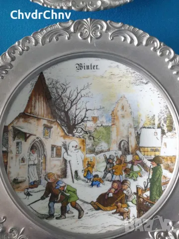 4бр Seltmann немска колекционерска декоративна порцеланова чиния-картина/сезони/калаена рамка/калай, снимка 4 - Картини - 48041363