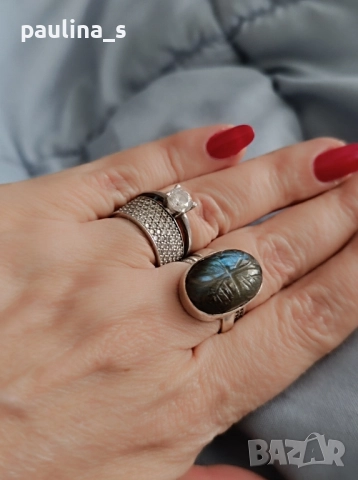 Два броя / Винтидж / Сребърен пръстен проба 925 с гравиран Лабрадорит и Празеолит , снимка 6 - Пръстени - 51996675